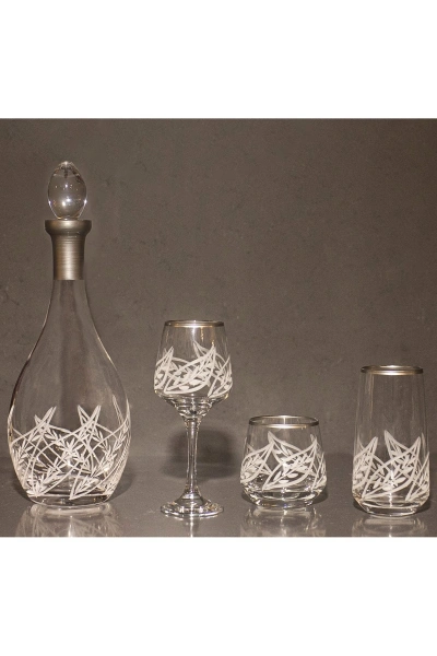 37Parça 12 Kişilik Yaprak El Dekor Kesme Gümüş Cam Su Bardak Takımı,Meşrubat Bardağı Seti