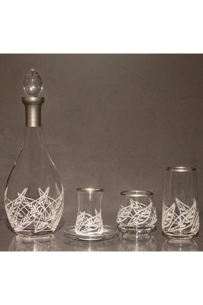 49 Parça 12 Kişilik Yaprak El Dekor Kesme Gümüş Cam Su Bardak Takımı,Meşrubat Bardağı Seti