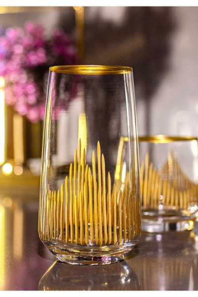 37 Parça 12 Kişilik Alev El Dekor Kesme Gold Cam Su Bardak Takımı,Meşrubat Bardağı Seti