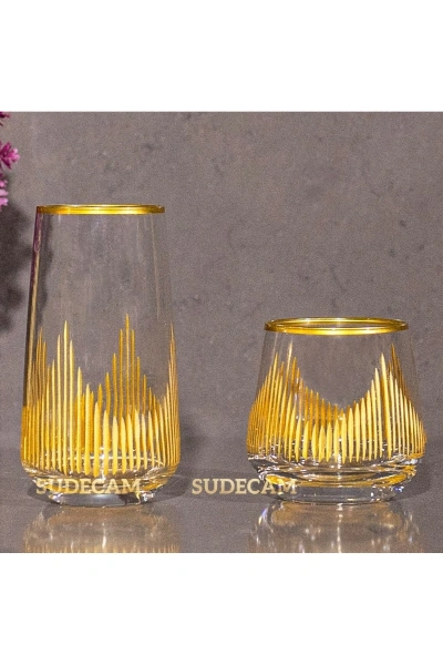12 Parça 6 Kişilik Alev El Dekor Kesme Gold Cam Su Bardak Takımı,Meşrubat Bardağı Seti