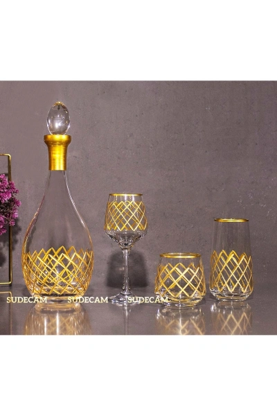 37 Parça 12 Kişilik Kare El Dekor Kesme Gold Cam Su Bardak Takımı,Meşrubat Bardağı Seti