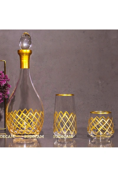 25 Parça 12 Kişilik Kare El Dekor Kesme Gold Cam Su Bardak Takımı,Meşrubat Bardağı Seti