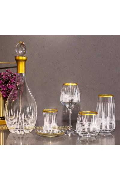 61 Parça 12 Kişilik Üççember Gold El Dekor Kesme Cam Su Bardak Takımı,Meşrubat Bardağı Seti