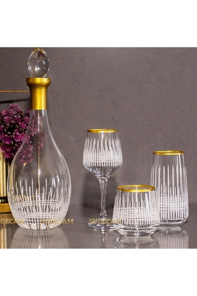 37 Parça 12 Kişilik Üççember Gold El Dekor Kesme Cam Su Bardak Takımı,Meşrubat Bardağı Seti