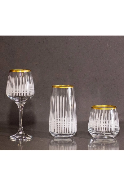 18 Parça 6 Kişilik Üççember El Dekor Kesme Gold Cam Su Bardak Takımı,Meşrubat Bardağı Seti