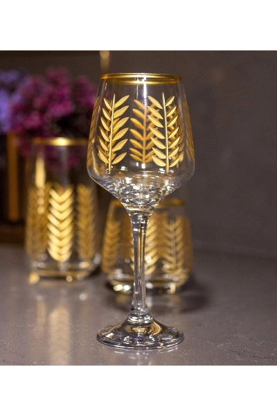 37 Parça 12 Kişilik Başak El Dekor Kesme Gold Cam Su Bardak Takımı,Meşrubat Bardağı Seti