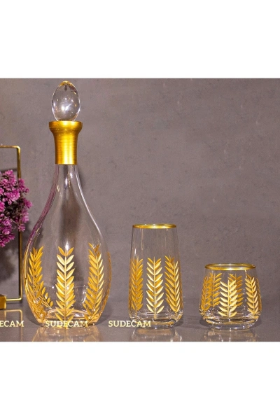 25 Parça 12 Kişilik Başak El Dekor Kesme Gold Cam Su Bardak Takımı,Meşrubat Bardağı Seti