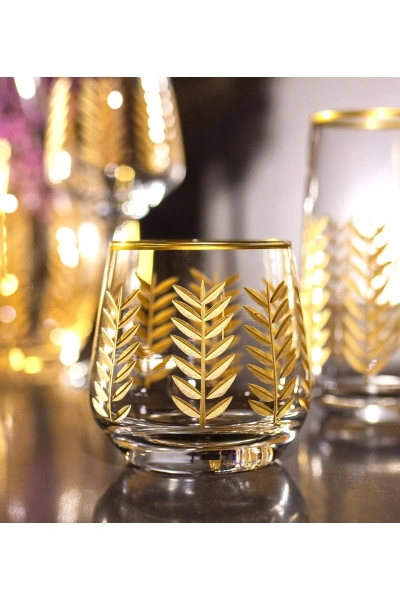 25 Parça 12 Kişilik Başak El Dekor Kesme Gold Cam Su Bardak Takımı,Meşrubat Bardağı Seti