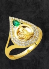 14 Ayar Yeşil Taşlı Damla Tuğra Altın Yüzük