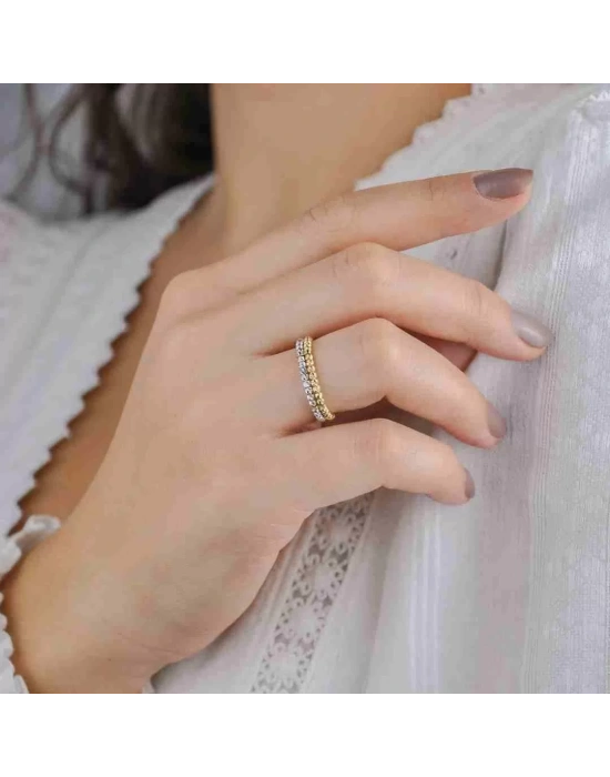 14 Ayar Altın Çift Sıra Renkli Dorika Yüzük