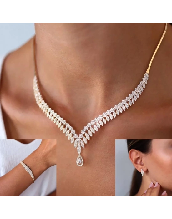 14 Ayar Altın Çift Sıra Yaprak Set Takımı