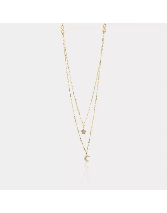 14 Ayar Altın Çiftli Ay Yıldız Kolye