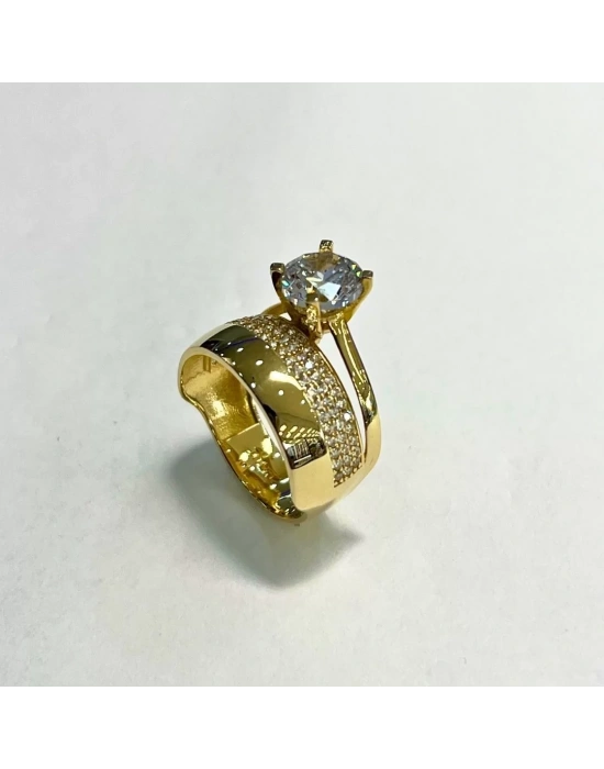 14 Ayar Altın Geniş Klasik Alyans Tektaş Yüzük