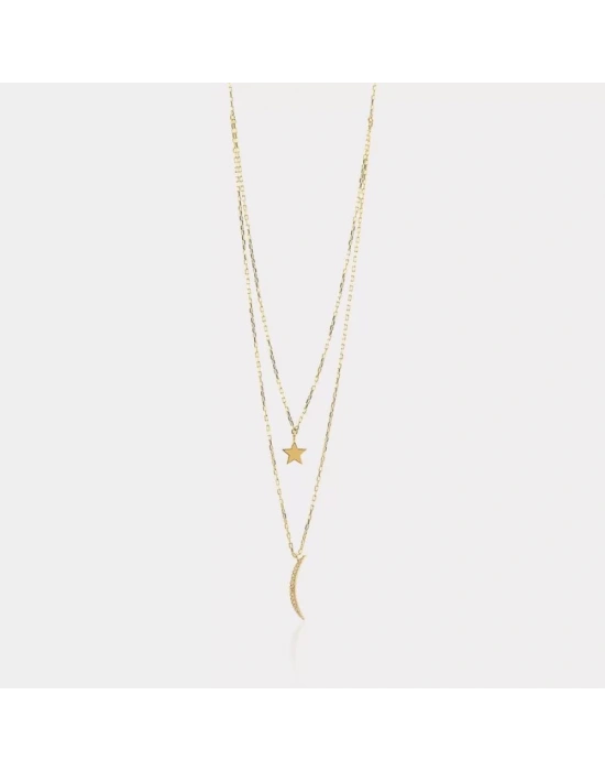 14 Ayar Altın İkili Ay Yıldız Kolye