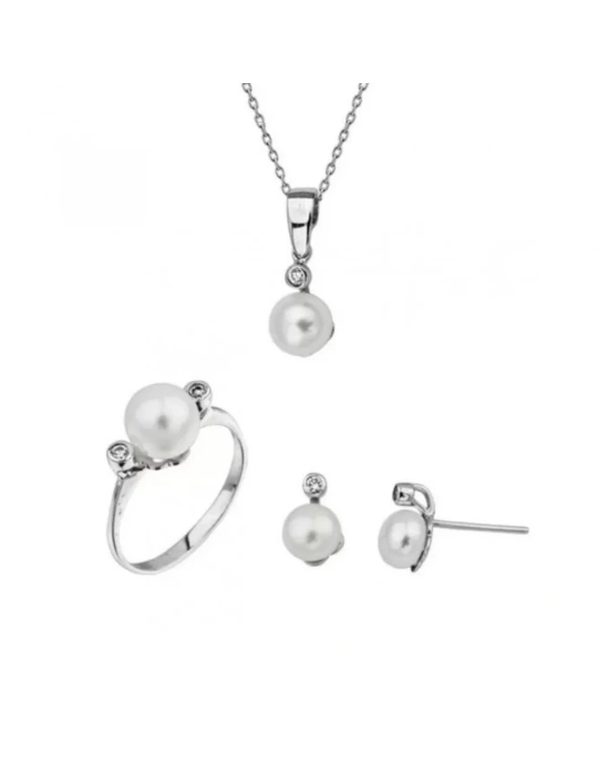 14 Ayar Altın İnci Beyaz Düğün Seti Takımı