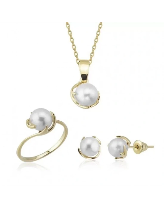 14 Ayar Altın İnci Düğün Seti Takımı