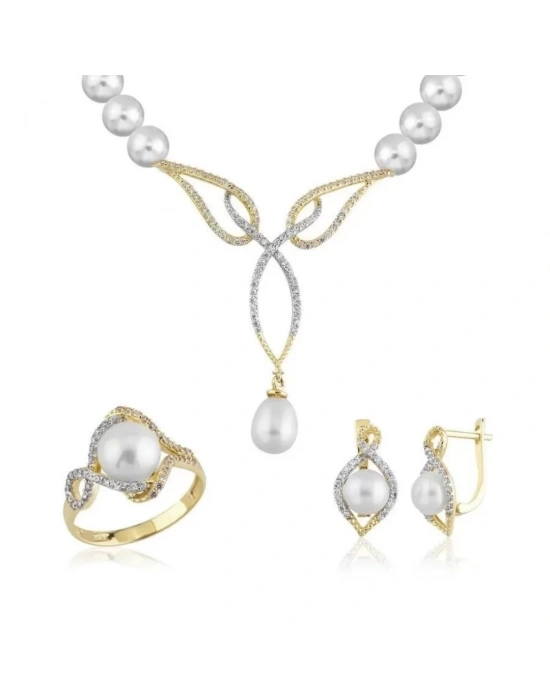 14 Ayar Altın İnci Düğün Seti Takımı