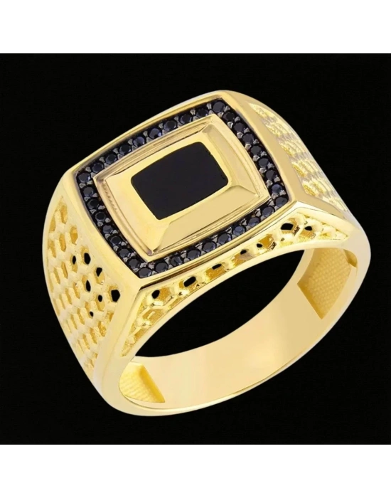 14 Ayar Altın Kare Siyah Taşlı Oyma Erkek Yüzüğü