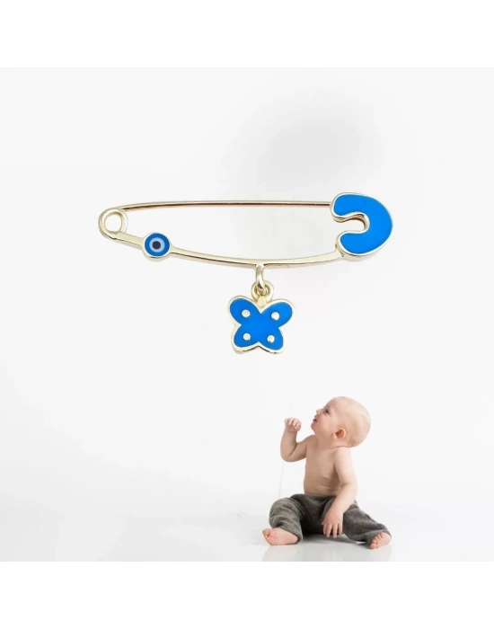 14 Ayar Altın Mavi Kelebek Bebek İğnesi