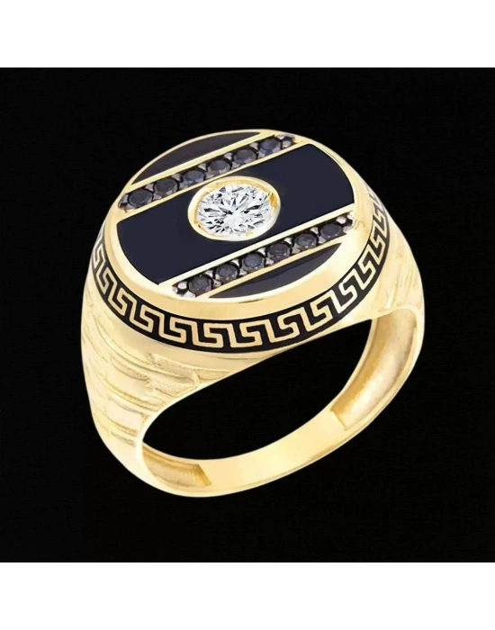 14 Ayar Altın Oval Mineli Desen Model Erkek Yüzüğü