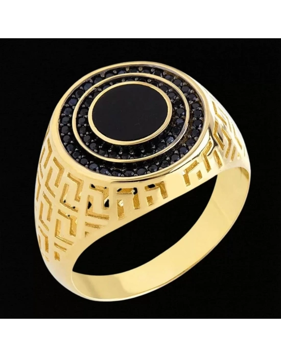 14 Ayar Altın Oval Siyah Taşlı Model Erkek Yüzüğü