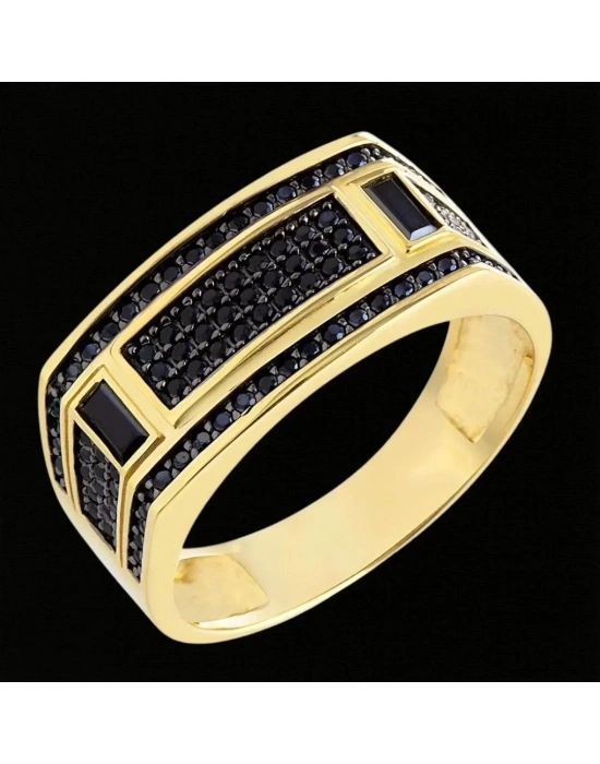 14 Ayar Altın Siyah Taşlı Bagetli Erkek Yüzüğü