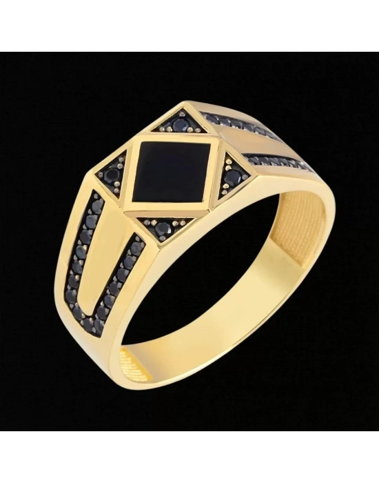 14 Ayar Altın Siyah Taşlı Erkek Yüzüğü