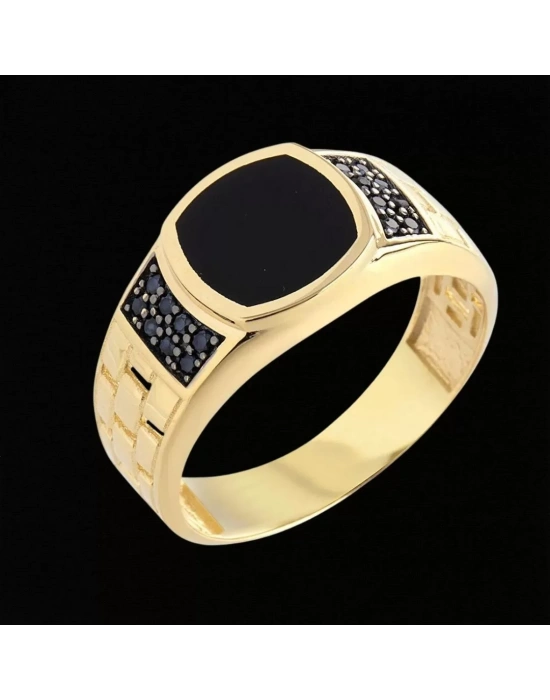 14 Ayar Altın Siyah Taşlı Erkek Yüzüğü