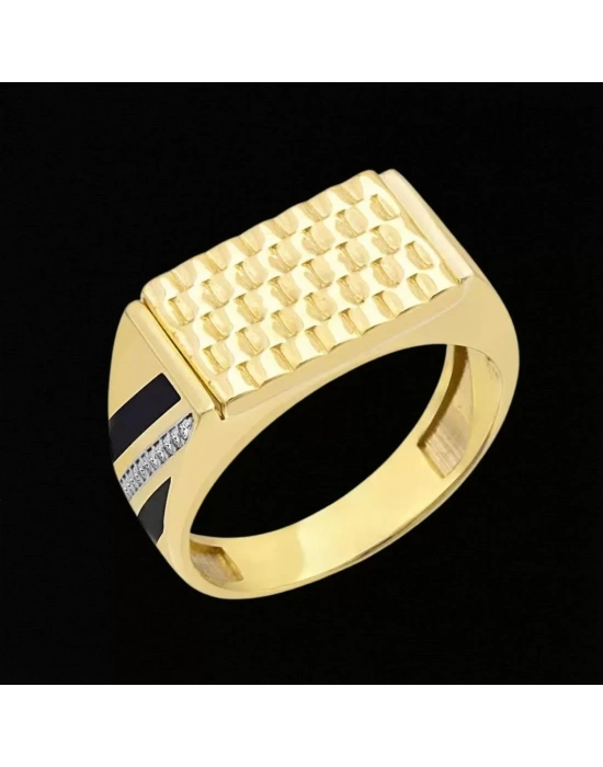 14 Ayar Altın Taşlı Yan Şerit Erkek Yüzüğü