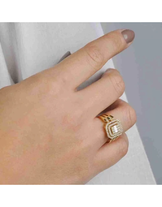 14 Ayar Altın Üç Kollu Taşlı Baget Yüzük