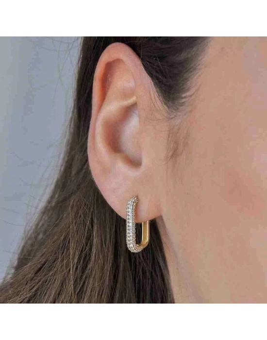 14 Ayar Altın Üç Sıra Taşlı Halka Küpe