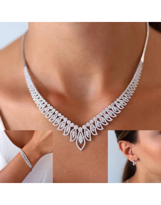 14 Ayar Beyaz Altın Büyük Yaprak Set Takımı