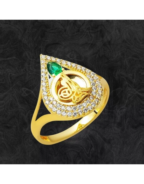 14 Ayar Yeşil Taşlı Damla Tuğra Altın Yüzük