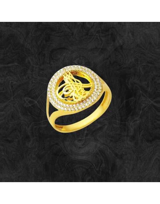 8 Ayar Oval Çİft Sıra Taşlı Tuğra Altın Yüzük