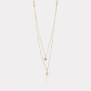 14 Ayar Altın Çiftli Ay Yıldız Kolye