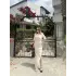 Kadın Kısa Kollu Uzun Yandan Yırtmaçlı Elbise - Bej