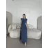 Keten Yandan Yırtmaçlı Uzun Elbise Sıfır Kol Elbise - Mavi