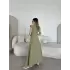 Keten Yandan Yırtmaçlı Uzun Elbise Sıfır Kol Elbise - Yeşil