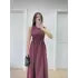 Kolsuz Göğüs Lastıklı %100 Poplin Uzun Elbise - Bordo