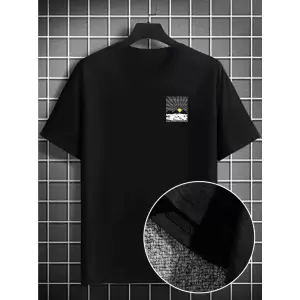 Erkek Dağ Grafikli Tişört, Yaz için Büyük Beden Rahat T-shirt - Siyah
