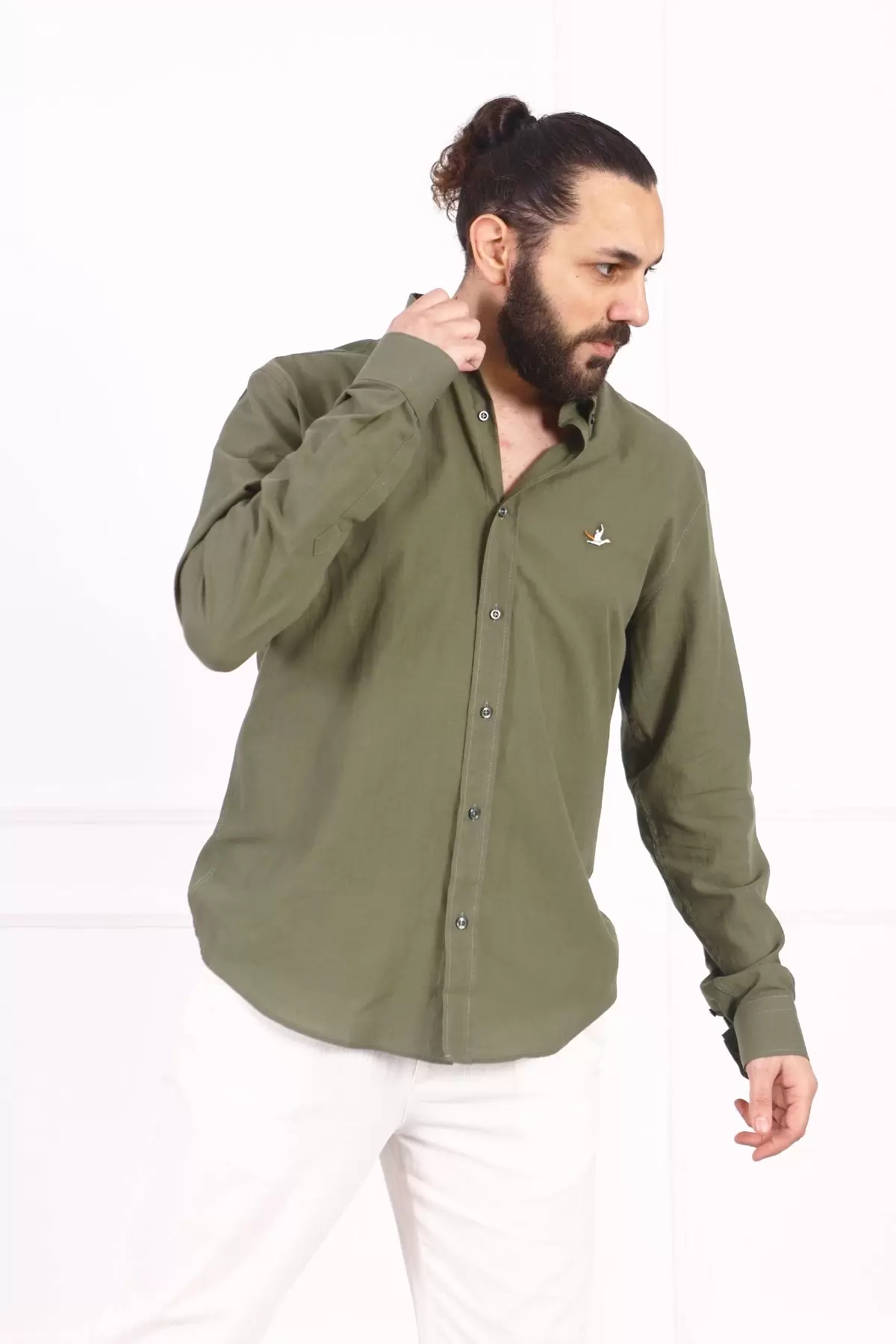 Erkek Regular Fit Yazlık Keten Gömlek Açık Haki