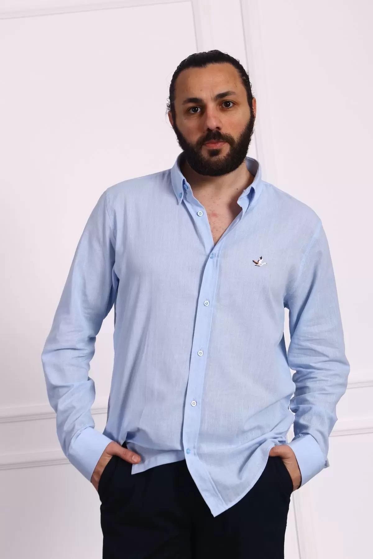 Erkek Regular Fit Yazlık Keten Gömlek Açık Mavi