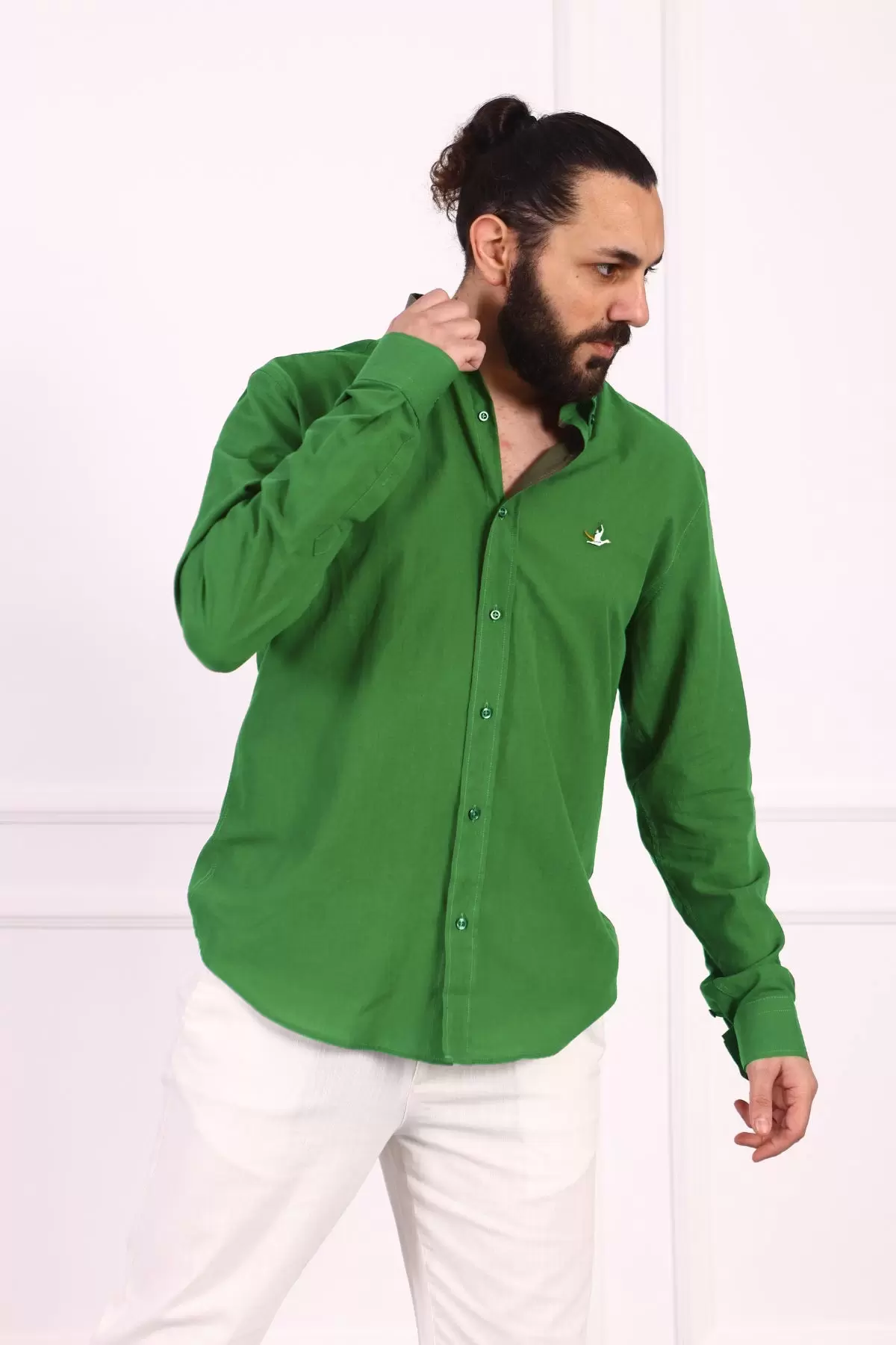 Erkek Regular Fit Yazlık Keten Gömlek Açık Yeşil