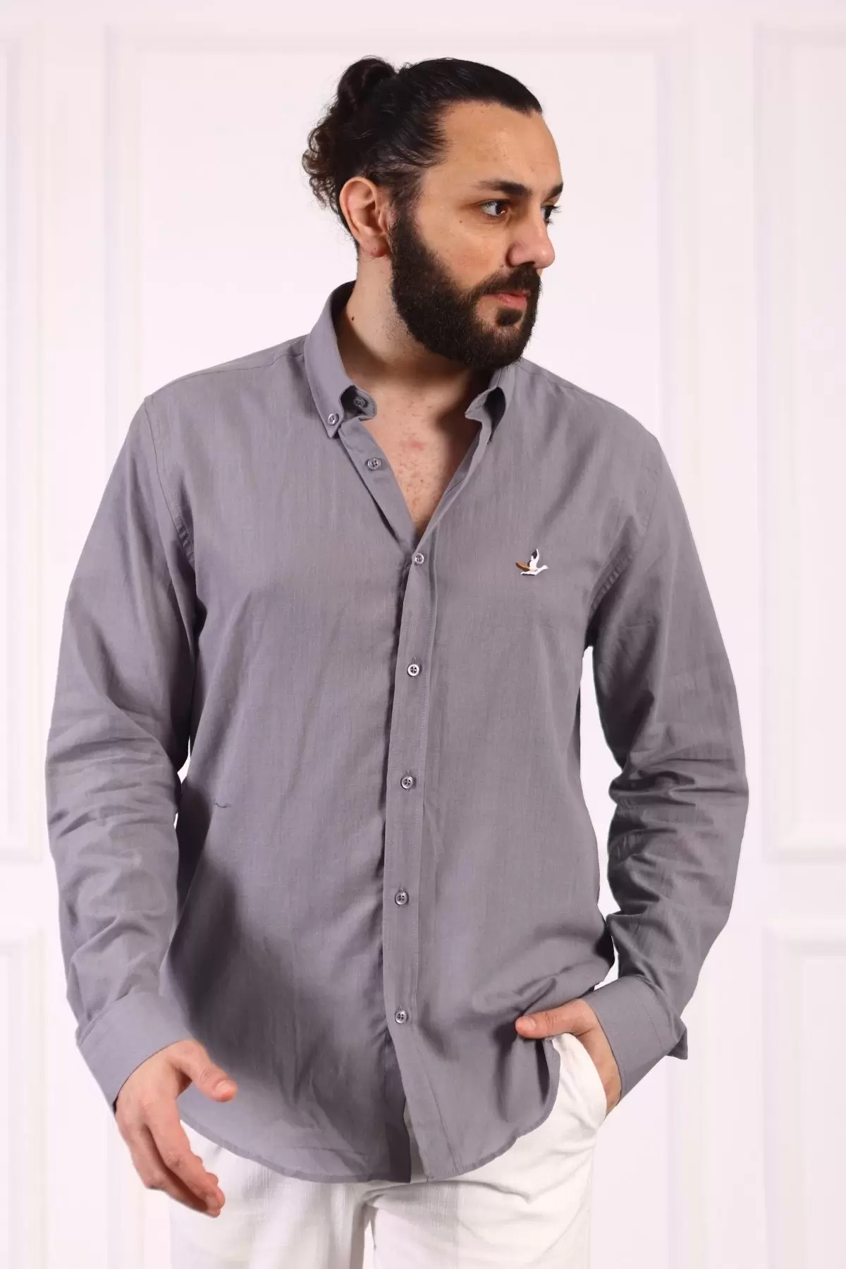 Erkek Regular Fit Yazlık Keten Gömlek Gri
