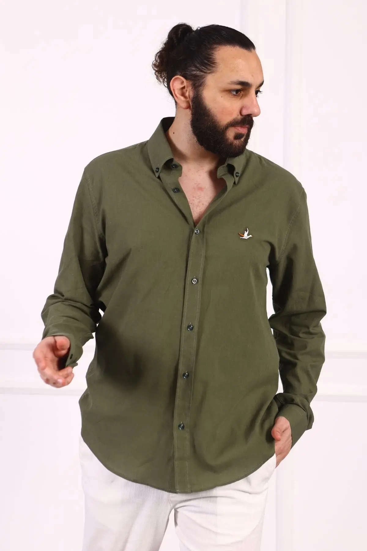 Erkek Regular Fit Yazlık Keten Gömlek Haki Yeşil