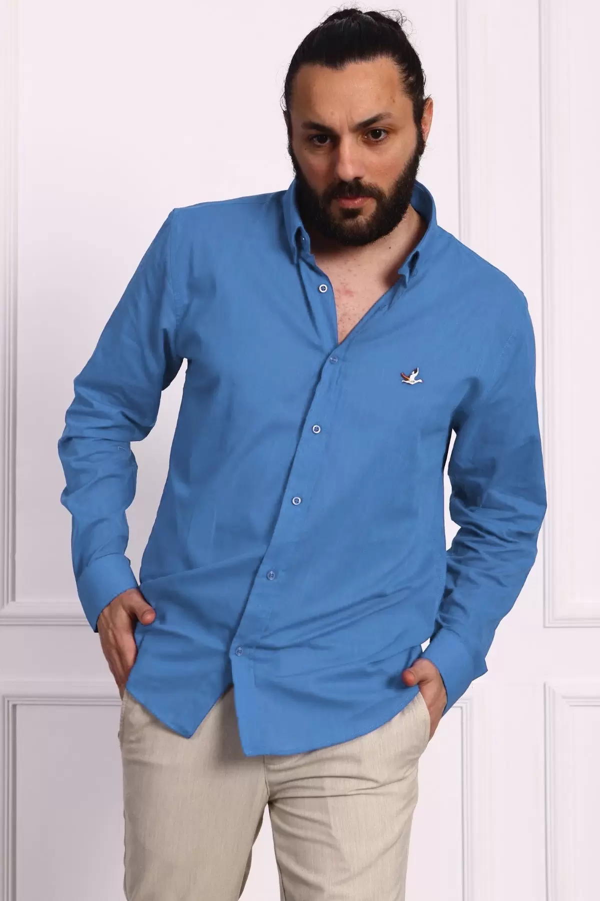Erkek Regular Fit Yazlık Keten Gömlek Orta Mavi