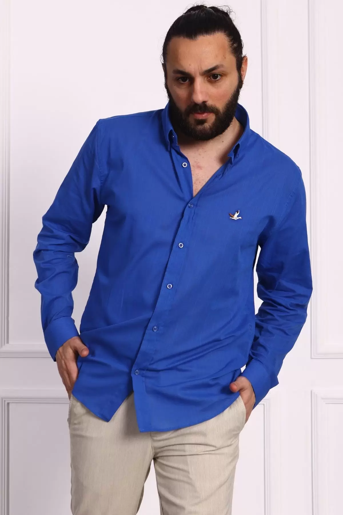 Erkek Regular Fit Yazlık Keten Gömlek Saks Mavisi
