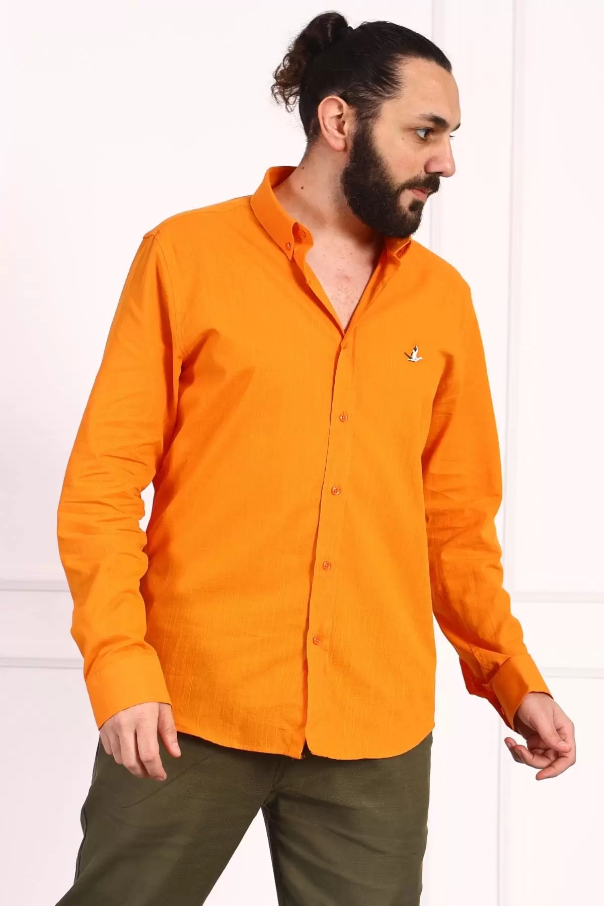 Erkek Regular Fit Yazlık Keten Gömlek Turuncu