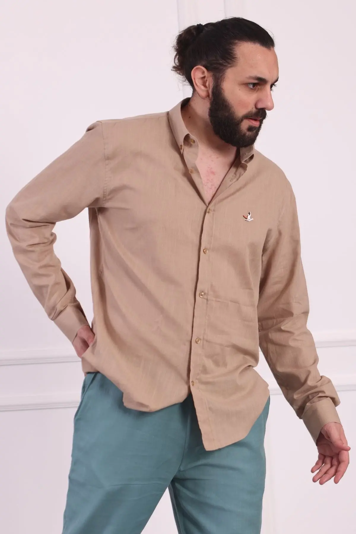 Erkek Regular Fit Yazlık Keten Gömlek Vizon