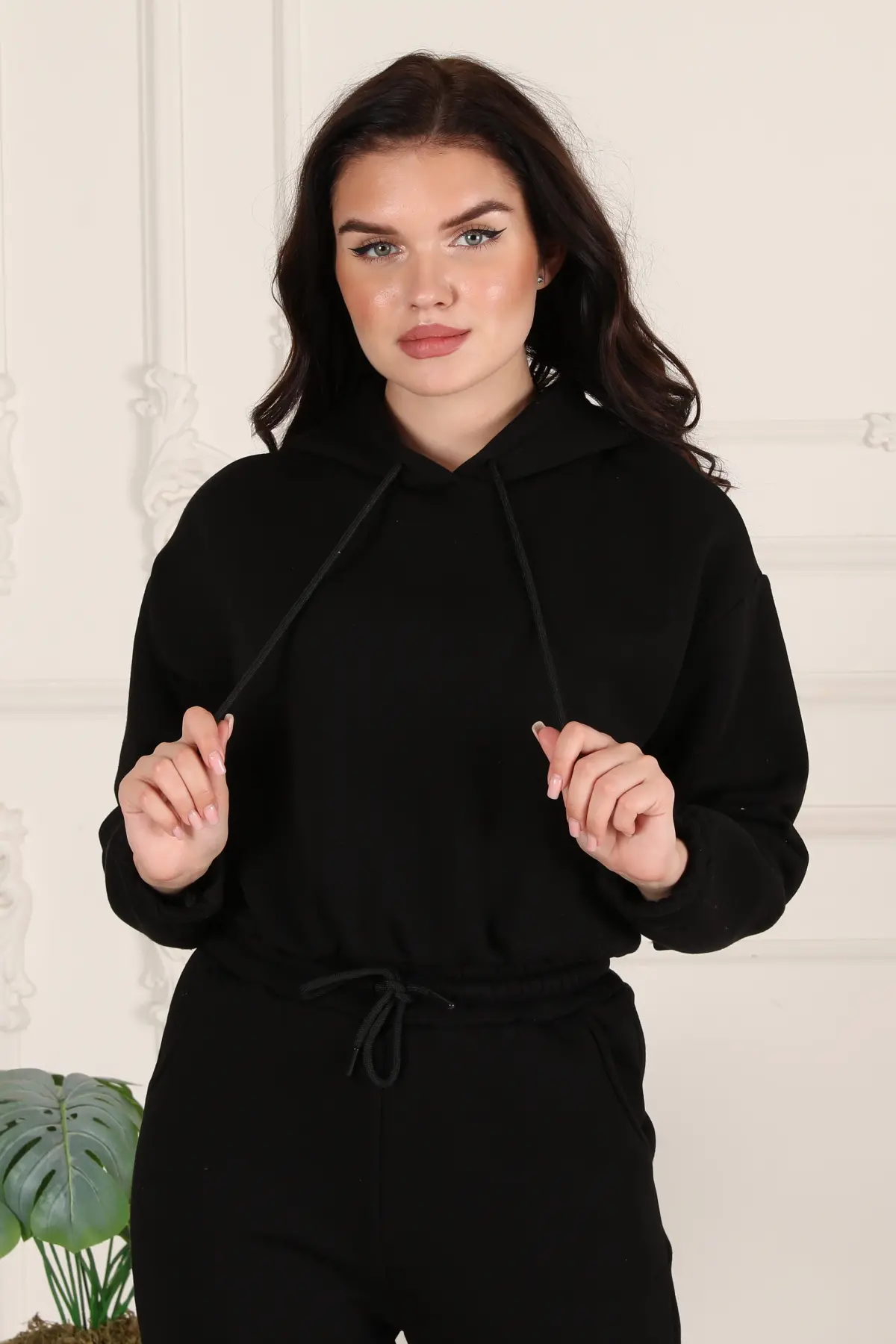 Kadın 3 İplik Şardonlu, Kapşonlu Sweatshirt - Eşofman altı Takım Siyah